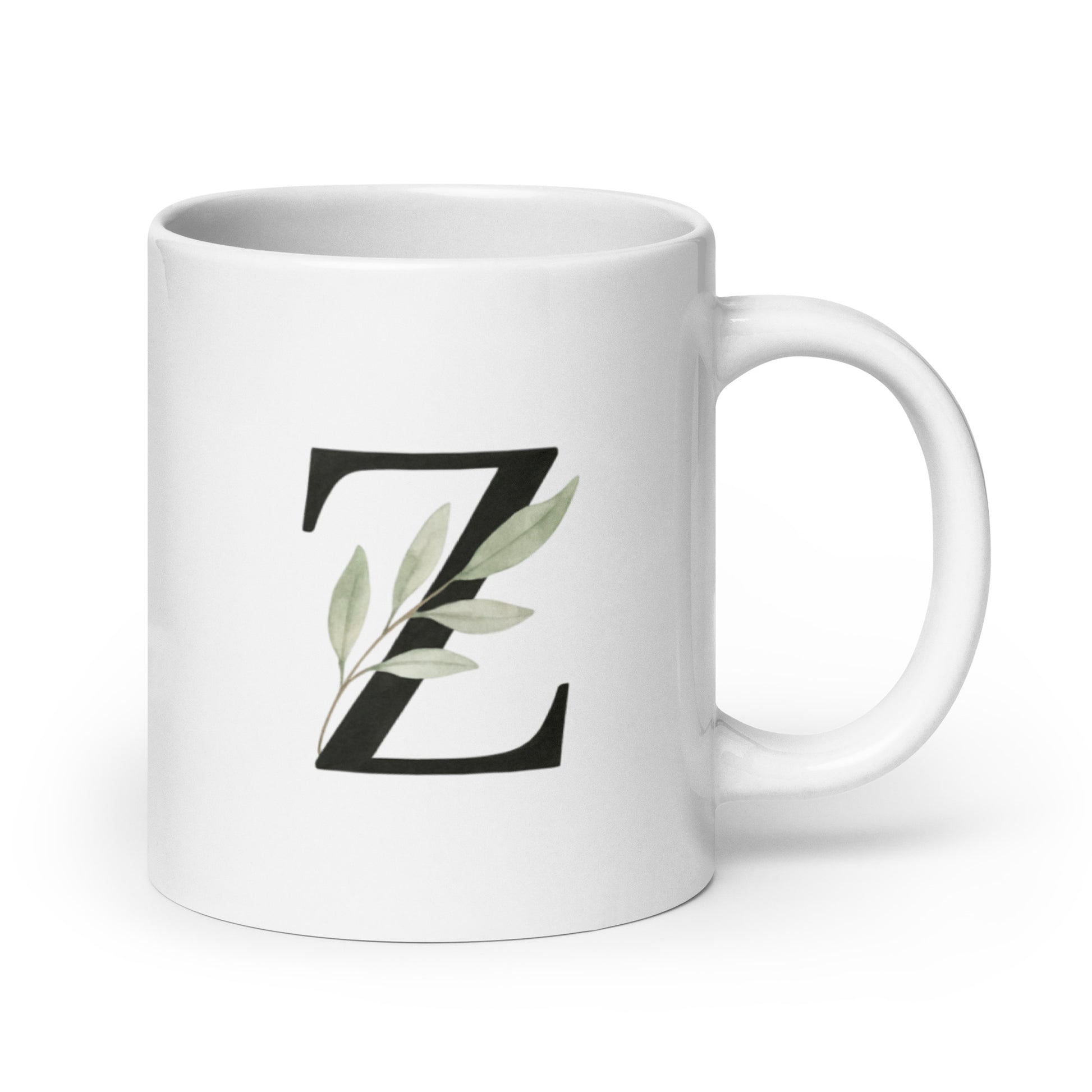 Olive Branch Mug with Z Initial – Watercolor Botanical Letter Cup – Personalized Peaceful Gift – Custom Name Coffee Mug – Duvencioglu