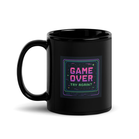 Retro Game Over Mug – 90s Arcade Pixel Art – Funny Gamer Gift – Try Again Neon Mug – Nostalgic Coffee Cup – Duvencioglu
