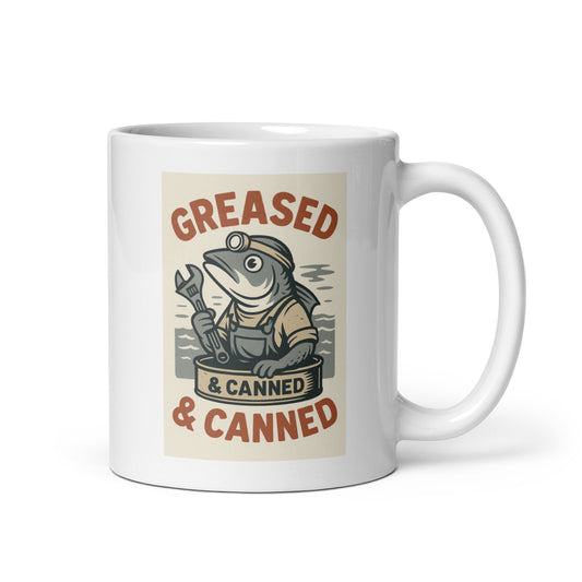 Greased & Canned Mug – Sardine Mechanic Retro Cup, Gift for Boat Fixers-Duvencioglu