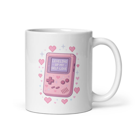 Leveling Up My Self-Love Mug – Retro Gameboy Quote Gift for Growth – Duvencioglu