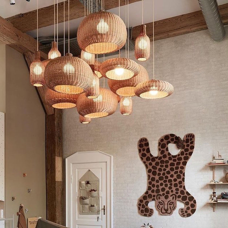 Nordic Handwoven Rattan Chandelier – Pastoral Pendant Light (Ø17×38 cm & Ø48×20 cm) – Duvencioglu