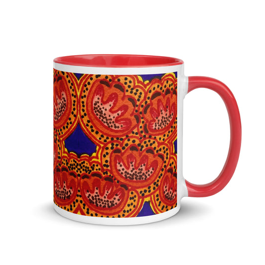 Bold Abstract Floral Mug – Spotted Orange Petals on Deep Blue Background – Duvencioglu