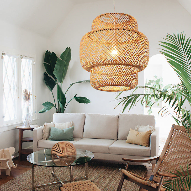 Nordic Handwoven Bamboo Chandelier – Ø38×40 cm Pendant – Duvencioglu