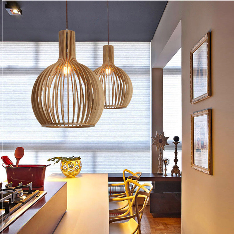 Nordic Birdcage Solid-Wood LED Chandelier – Retro Pendant – Duvencioglu