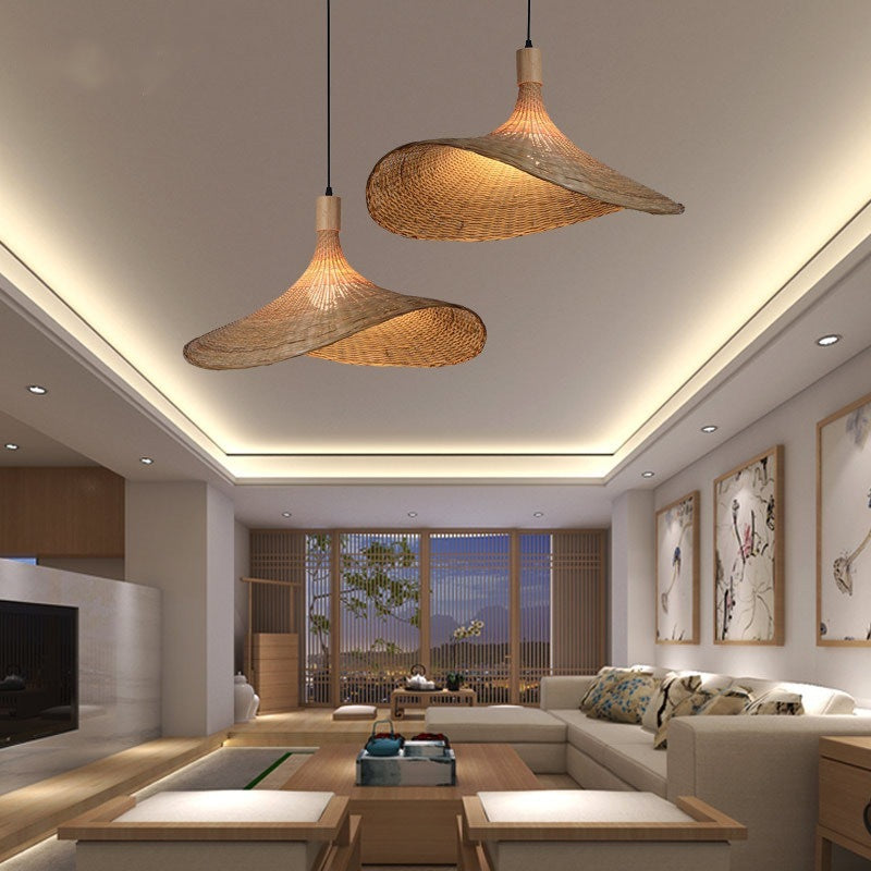 Japanese-Style Bamboo Rattan Chandelier – 30 cm LED Pendant – Duvencioglu