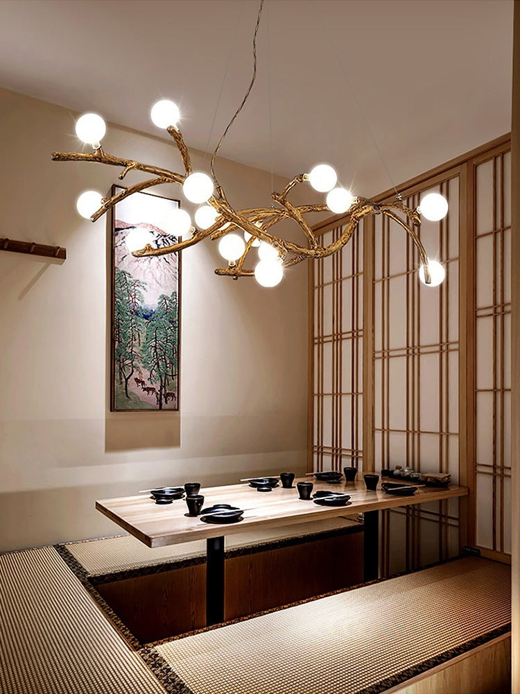 Zen Wabi-Sabi Resin Tree-Branch LED Chandelier – 10-Head Warm Light Pendant – Duvencioglu