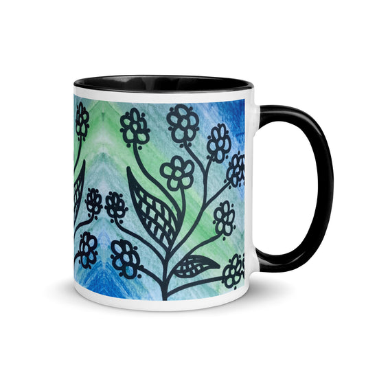 Floral Silhouette Mug – Hand Drawn Black Flower on Blue Green Background, Calm Nature Coffee Cup – Duvencioglu