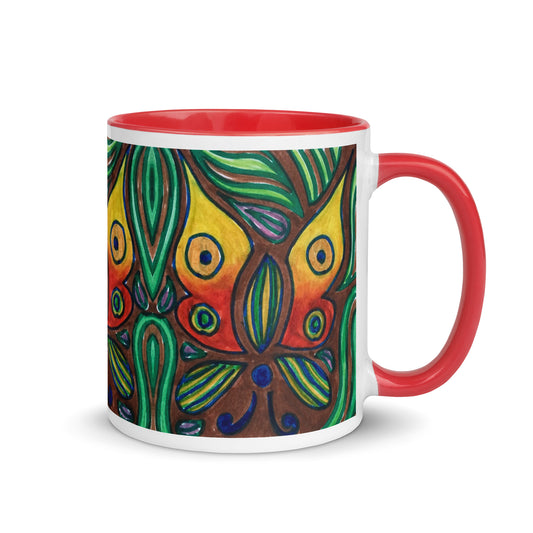 Whimsical Butterfly Mug – Hand Drawn Colorful Insect with Leaves, Artistic Nature-Inspired Coffee Cup – Duvencioglu