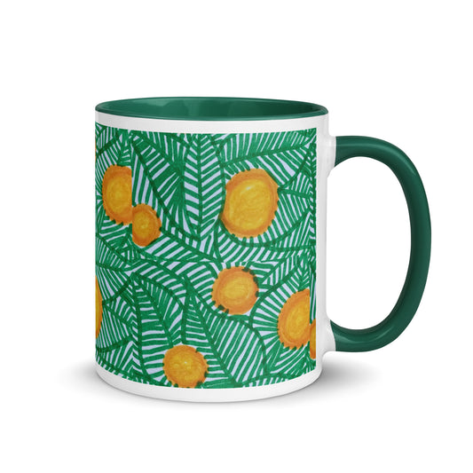 Tropical Leaf Mug – Hand Drawn Green Palm Pattern with Yellow Sun Circles, Summer Coffee Cup – Duvencioglu