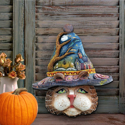 "Halloween Eve Cat" Wooden Door Hanger - Thanksgiving & Halloween Decor by G. DeBrekht (Made in USA) – Duvencioglu