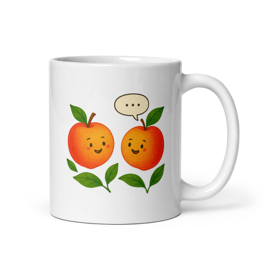 Talking Peaches Mug – Cute Friendly Fruit Design – Playful Kawaii Cottagecore Coffee Cup – Fun and Cheerful Gift Idea – Duvencioglu
