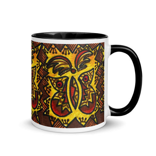 Tribal Butterfly Mug – Geometric Red & Yellow Insect Design, Bold Artistic Coffee Cup Gift – Duvencioglu