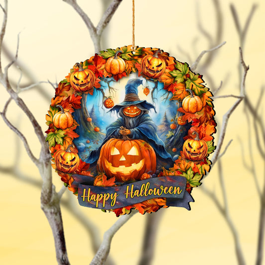 "Happy Halloween" Wreath Wooden Ornament - Handcrafted Keepsake by G. Debrekht (Made in USA) – Duvencioglu