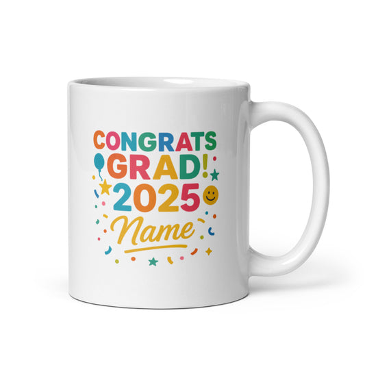 Congrats Grad Dopamine Colors Mug – Class of 2025 Custom Name – Cheerful Graduation Gift Cup – Duvencioglu