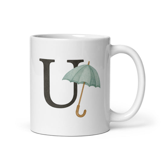 Cozy Umbrella Mug with U Initial – Watercolor Monogram Coffee Cup – Personalized Rainy Day Gift – Custom Name Mug for Her or Him – Duvencioglu
