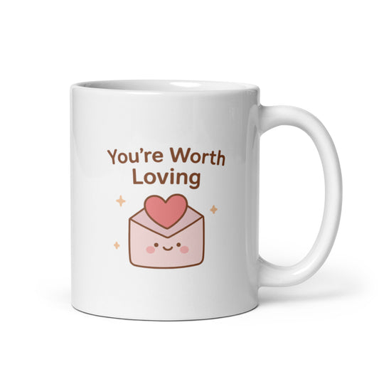 You&#39;re Worth Loving Mug – Kawaii Envelope & Heart Design, Cute Affirmation Cup, Self Love Gift Idea – Duvencioglu