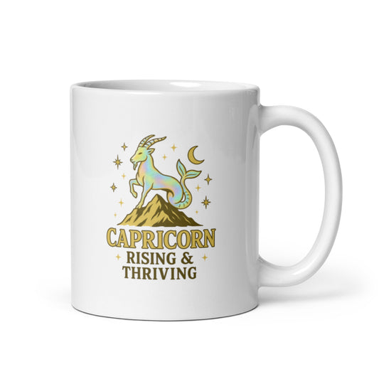 Capricorn Rising & Thriving Mug – Zodiac Goat Mountain Holographic Astrology Cup – Duvencioglu