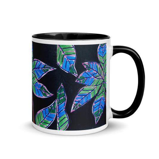 Tropical Leaf Mug with Blue and Green Stripes – Bold Botanical Nature Design Gift – Duvencioglu