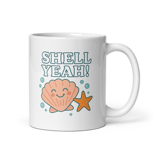 Shell Yeah Mug – Cute Coastal Shell & Starfish Cup, Funny Beach Gift Idea – Duvencioglu