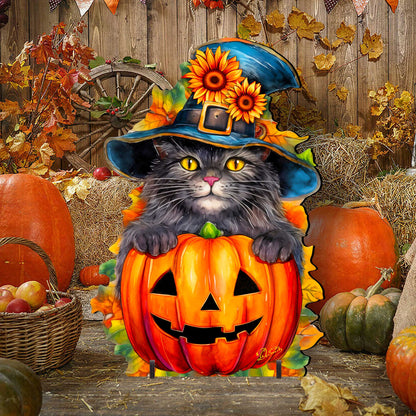 Freestanding Halloween Black Cat Decor - Handcrafted Wood Art by G. Debrekht (Made in USA) – Duvencioglu