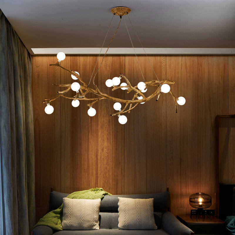 Zen Wabi-Sabi Resin Tree-Branch LED Chandelier – 10-Head Warm Light Pendant – Duvencioglu