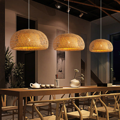 Bamboo-Woven Pastoral LED Chandelier – Ø180×300 mm Japanese Pendant – Duvencioglu