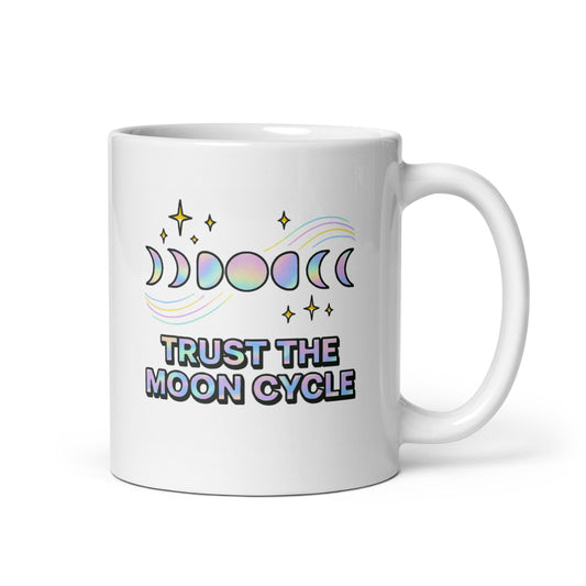 Trust the Moon Cycle Mug – Holographic Lunar Phases Pastel Spiritual Cup – Duvencioglu