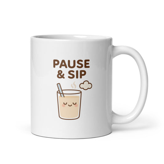 Pause & Sip Mug – Kawaii Drink Illustration, Mindful Tea Time Cup, Cute Relaxation Gift – Duvencioglu