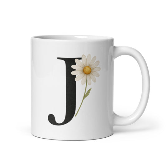 J Initial Mug with Daisy – Watercolor Letter J Cup – Soft Floral Gift Idea – Personalized Monogram Coffee Mug for Her – Duvencioglu