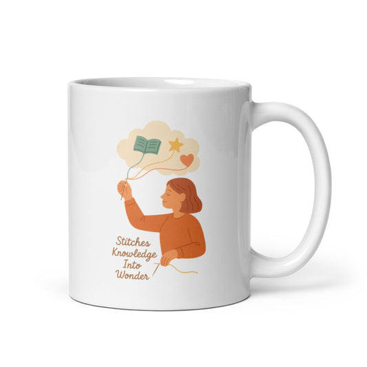 Stitches Knowledge Into Wonder Mug – Thread & Cloud Teacher Design – Gentle Educator Gift – Soft Inspirational Coffee Cup – Duvencioglu