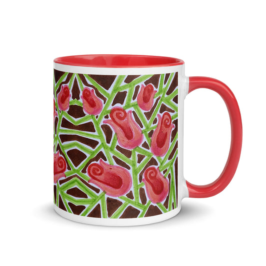 Red Bud Flower Mug – Hand-Drawn Pink Tulip-Like Blooms with Geometric Stems Coffee Cup – Duvencioglu