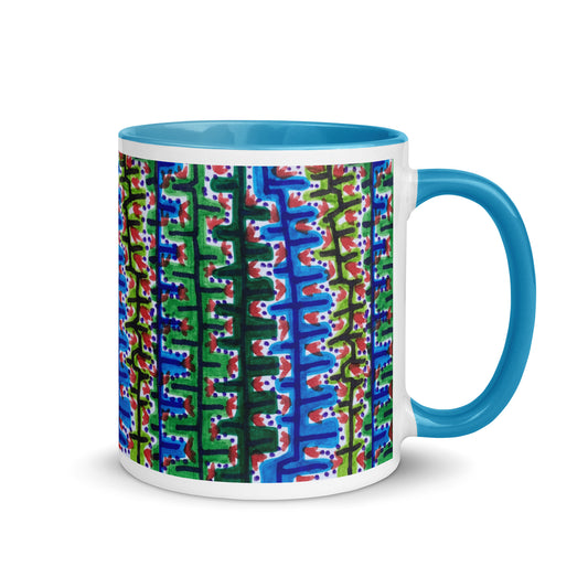 Tribal Rhythm Mug with Green Blue Ethnic Pattern – Colorful Abstract Folk-Inspired Cup – Duvencioglu