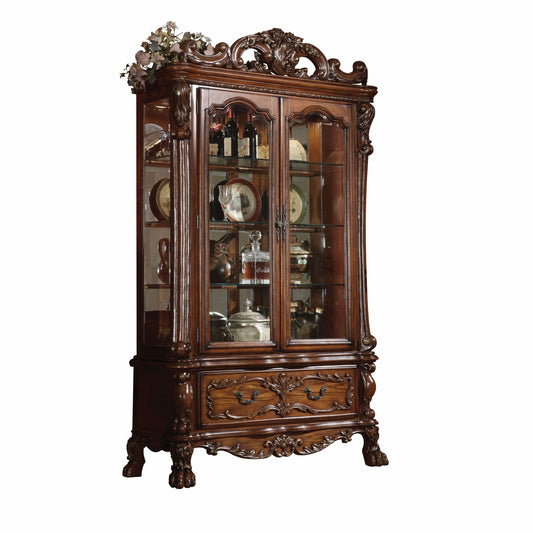 89" Tall Traditional Curio Cabinet - Cherry Oak Wood, Glass & Poly Resin – Duvencioglu