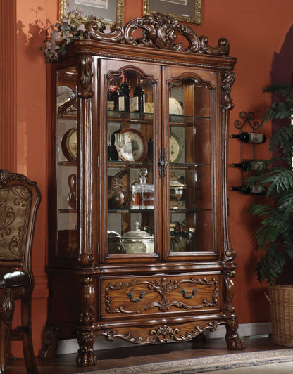 89" Tall Traditional Curio Cabinet - Cherry Oak Wood, Glass & Poly Resin – Duvencioglu