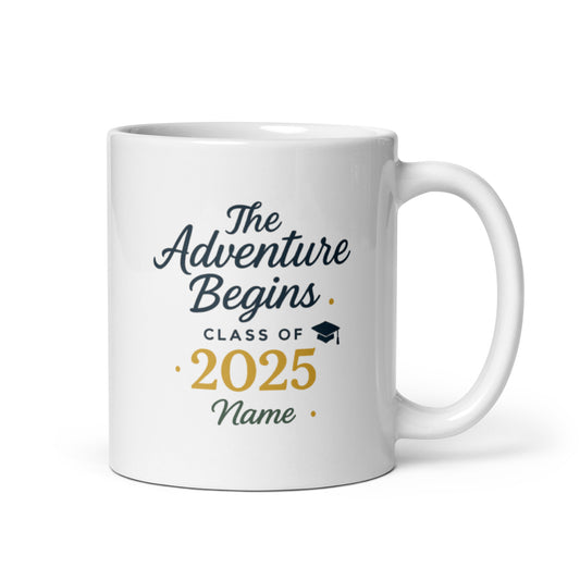 The Adventure Begins Graduation Mug – Class of 2025 Custom Name – Inspirational Senior Gift Cup – Duvencioglu