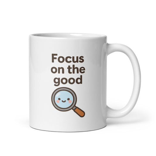 Focus on the Good Mug – Kawaii Magnifying Glass with Uplifting Message – Duvencioglu