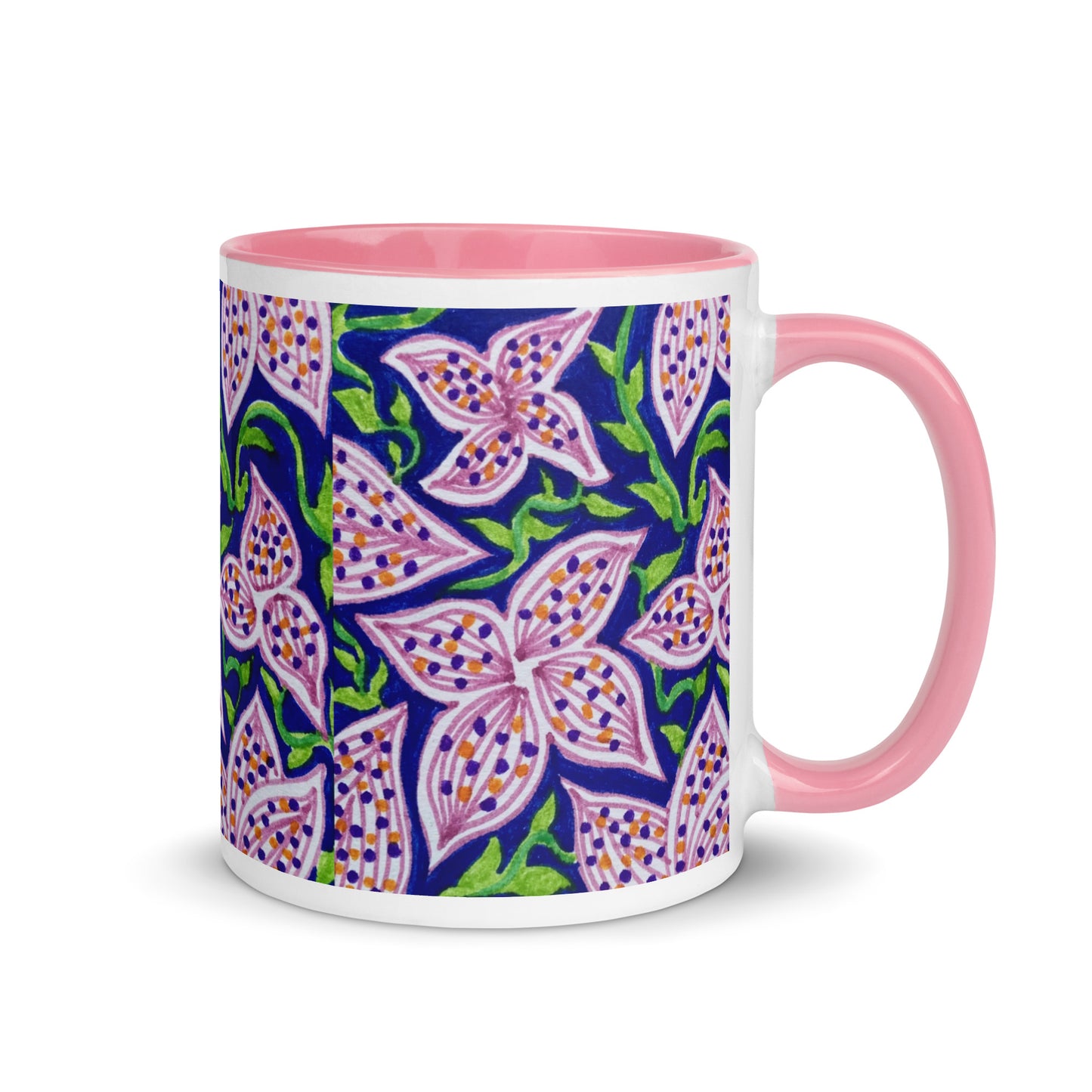 Vibrant Floral Mug – Pink Petal Flowers & Polka Dots, Colorful Botanical Coffee Cup, Cheerful Gift Idea – Duvencioglu