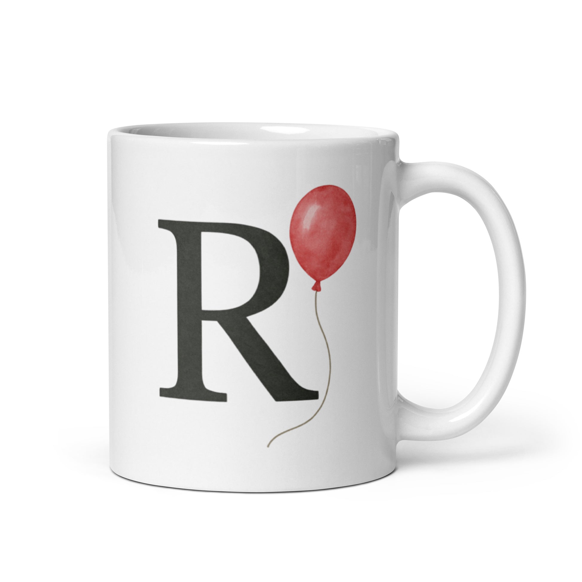 R Initial Mug with Red Balloon – Watercolor Letter R Coffee Cup – Cheerful Personalized Gift – Custom Name Mug for Her or Him – Duvencioglu