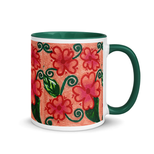 Warm Red Floral Mug – Heart Petal Flower Design on Coral Background, Whimsical Hand Drawn Coffee Cup – Duvencioglu