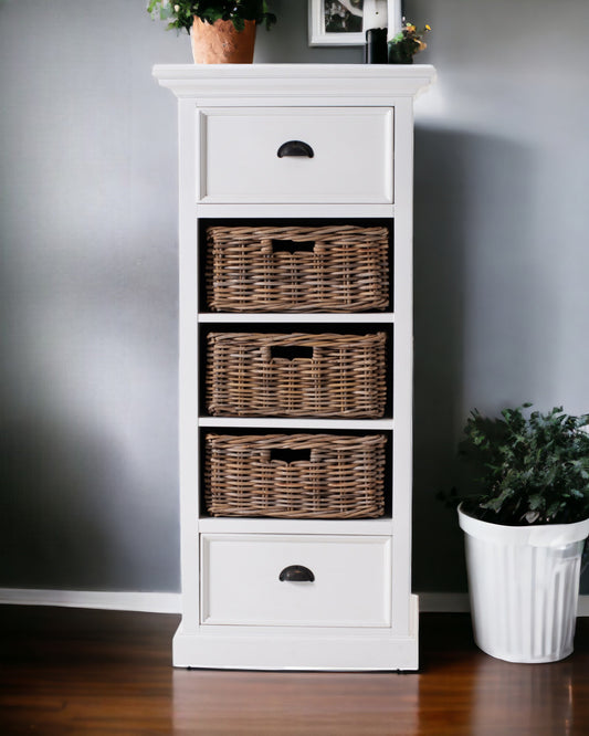 52" White Storage Cabinet with 2 Drawers & Removable Rattan Baskets – Duvencioglu