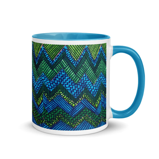 Geometric Zigzag Mug with Blue and Green Pattern – Modern Tribal Boho Coffee Cup – Duvencioglu