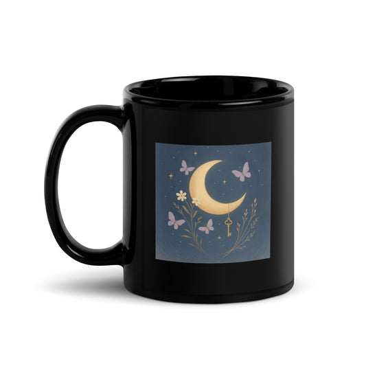Crescent Moon & Key Mug – Cottagecore Starry Night Design – Dreamy Lunar Illustration – Whimsical Night Sky Gift Cup – Duvencioglu