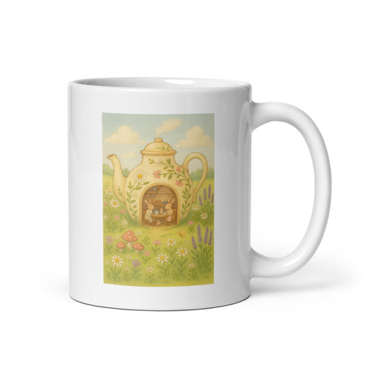 Teapot Cottage Mug – Whimsical Bunny Tea Party Scene – Storybook Cottagecore Illustration – Cozy Nature Family Gift – Duvencioglu