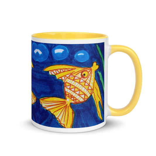 Tropical Fish Mug – Hand Drawn Yellow Fish with Bubbles, Fun Ocean Coffee Cup Design – Duvencioglu