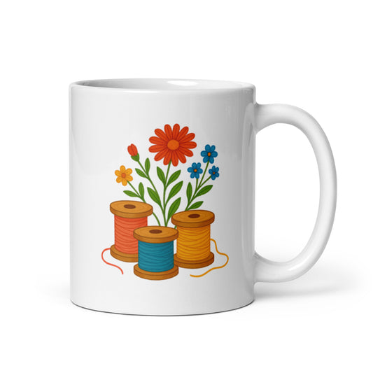 Spools of Thread and Wildflowers Mug – Peaceful Sewing Corner Design – Cozy Cottagecore Coffee Cup – Craft Lover Gift Idea – Duvencioglu