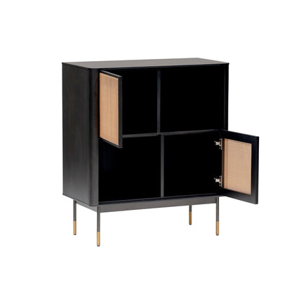 Black Wood and Wicker Accent Cabinet - Open & Concealed Storage – Duvencioglu