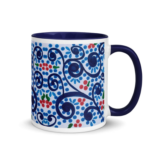 Whimsical Blue Vine Mug with Berry Dots – Playful Botanical Pattern Design – Duvencioglu