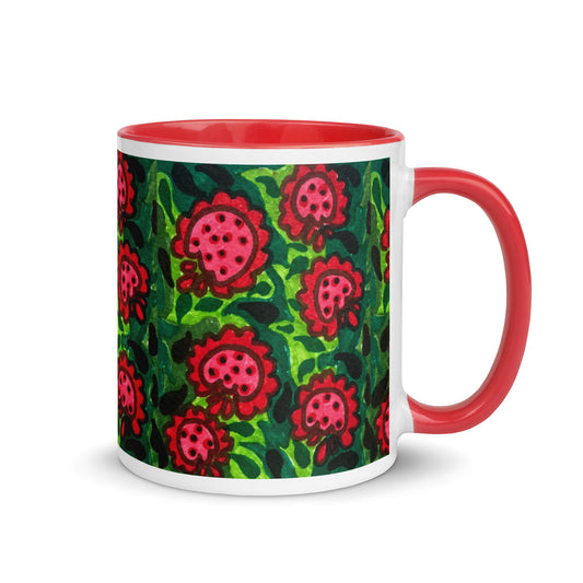 Bold Red Blossom Mug – Retro Wildflower Pattern on Lush Green Background – Duvencioglu