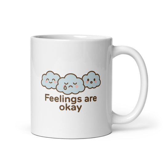 Feelings Are Okay Mug – Kawaii Cloud Emotions Design, Mental Health Cute Gift, Soft Pastel Comfort Cup – Duvencioglu