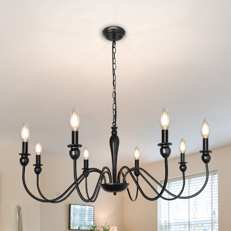 American Black Iron Candle-Style Chandelier – 6/8-Arm LED Dining Light – Duvencioglu